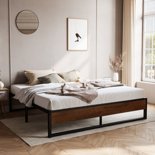 Metal Bed Frame with Storage, Mattress Foundation with Rustic Wood