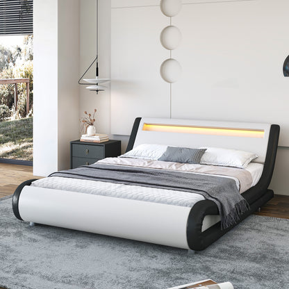 Wave-Like Curve PU Leather Platform Bed Frame with Adjustable Headboard and LED Lights