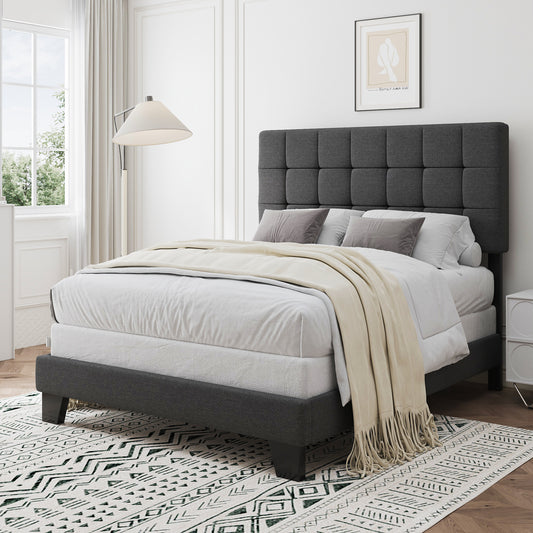 SHA CERLIN Grey Panel Platform Bed Frame with Adjustable Fabric Upholstered Headboard, Adult