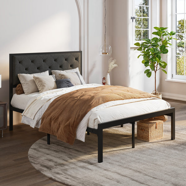 Metal Bed with Headboard, Strong Steel Slats Support