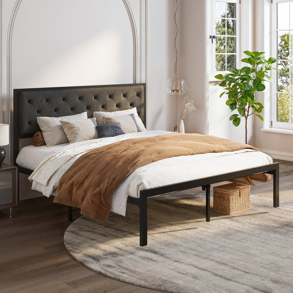 Metal Bed with Headboard, Strong Steel Slats Support