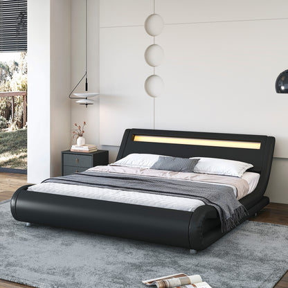 Wave-Like Curve PU Leather Platform Bed Frame with Adjustable Headboard and LED Lights