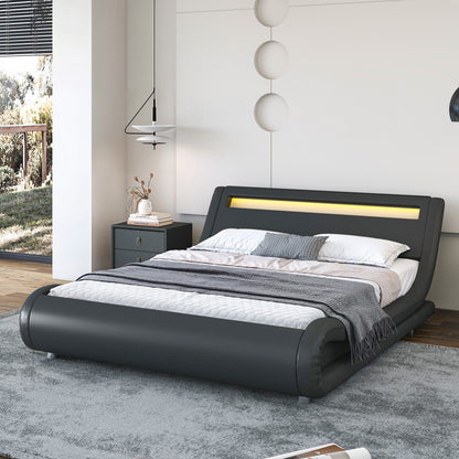 Wave-Like Curve PU Leather Platform Bed Frame with Adjustable Headboard and LED Lights