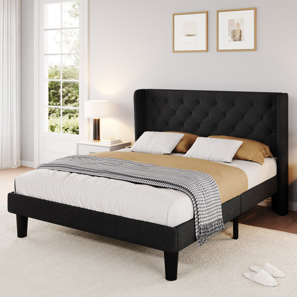 Platform Bed Frame with Upholstered Headboard and Wingback, Button Tufted Design