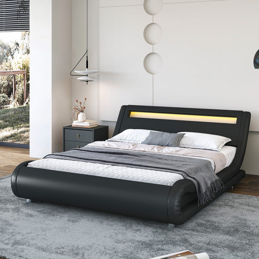 Wave-Like Curve PU Leather Platform Bed Frame with Adjustable Headboard and LED Lights