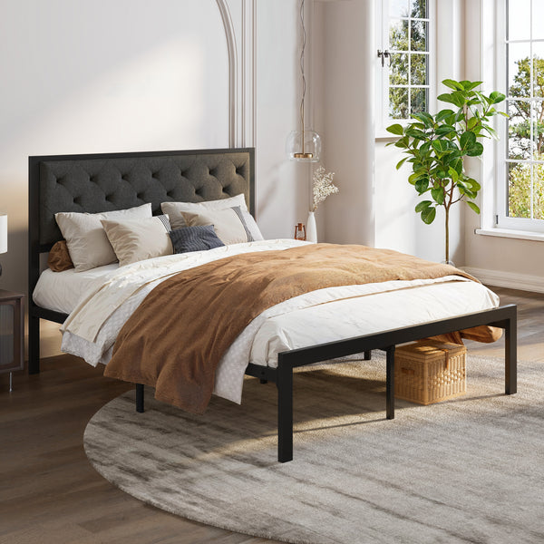 Metal Bed with Headboard, Strong Steel Slats Support