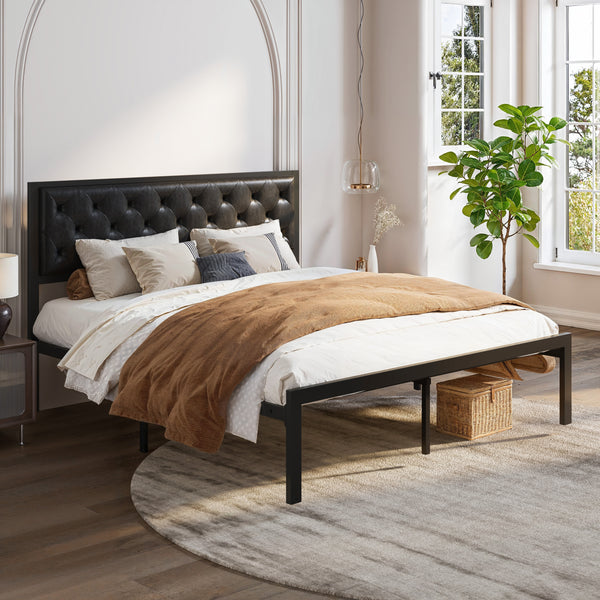 Metal Bed with Headboard, Strong Steel Slats Support