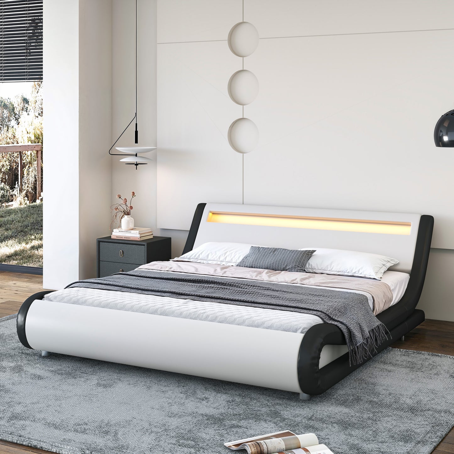 Wave-Like Curve PU Leather Platform Bed Frame with Adjustable Headboard and LED Lights