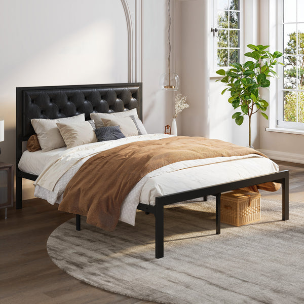 Metal Bed with Headboard, Strong Steel Slats Support