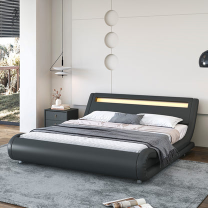 Wave-Like Curve PU Leather Platform Bed Frame with Adjustable Headboard and LED Lights