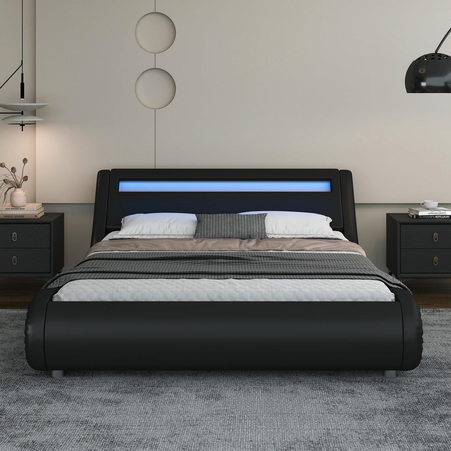 Wave-Like Curve PU Leather Platform Bed Frame with Adjustable Headboard and LED Lights