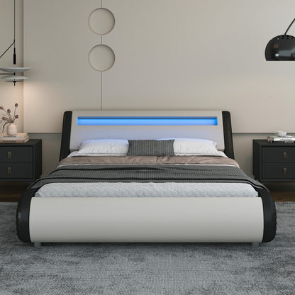 Wave-Like Curve PU Leather Platform Bed Frame with Adjustable Headboard and LED Lights