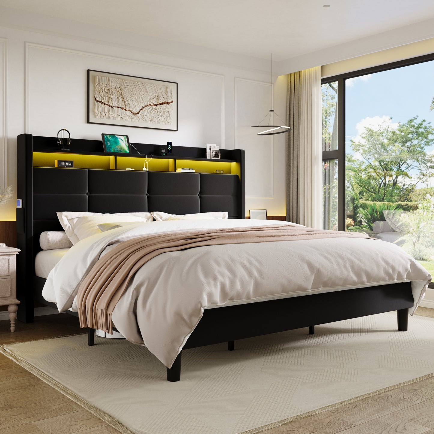 Sha Cerlin LED Full Bed Frame with 51.2" Tall Headboard,Soft Velvet,Black | 2-Tier Storage Shelf with Charging Station,Upholstered Platform Bed with Wingback Headboard,Noise-Free,No Box Spring Needed
