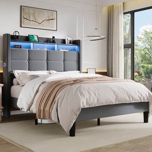 Sha Cerlin LED Full Bed Frame with 51.2" Tall Headboard,Soft Velvet,Black | 2-Tier Storage Shelf with Charging Station,Upholstered Platform Bed with Wingback Headboard,Noise-Free,No Box Spring Needed