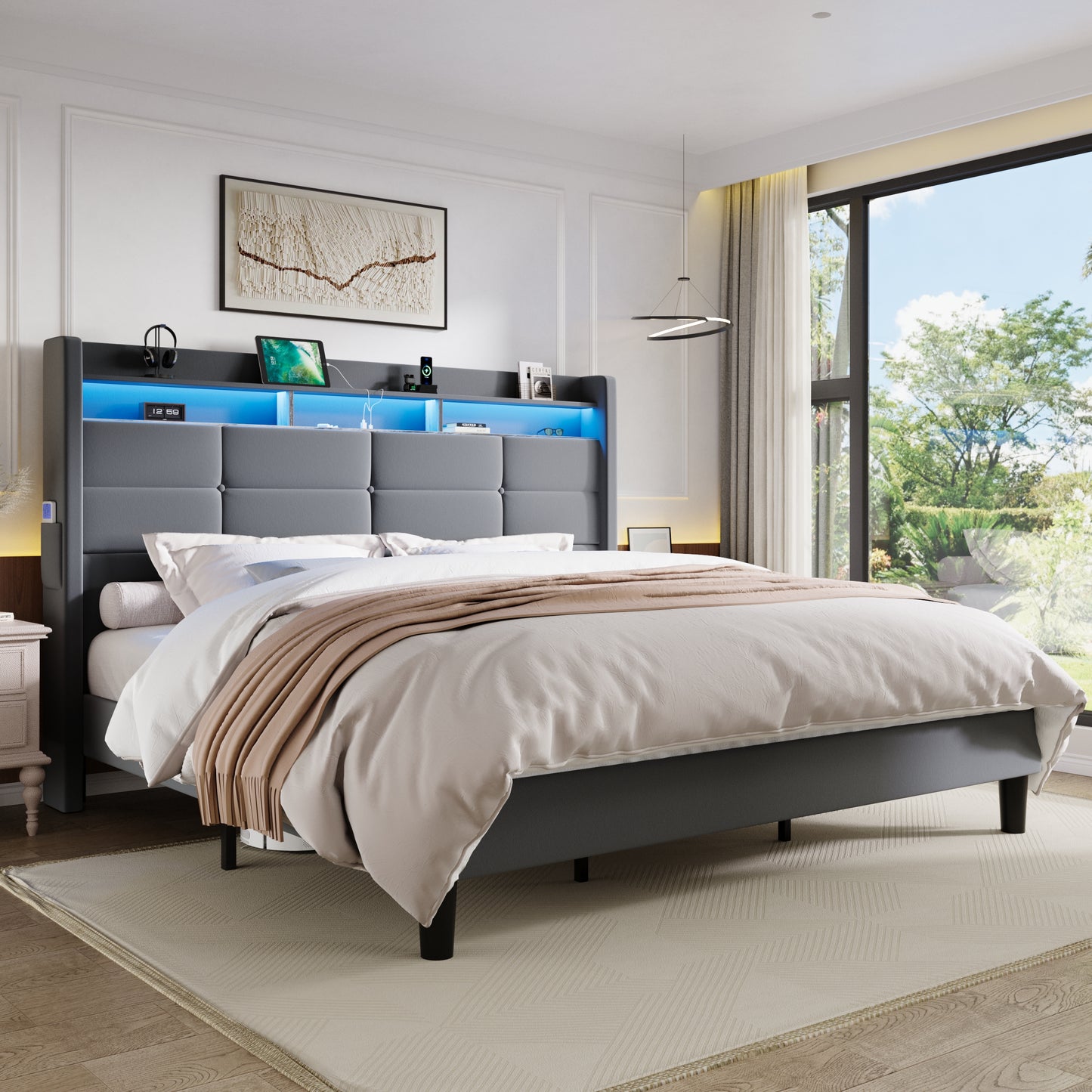 Sha Cerlin LED Full Bed Frame with 51.2" Tall Headboard,Soft Velvet,Black | 2-Tier Storage Shelf with Charging Station,Upholstered Platform Bed with Wingback Headboard,Noise-Free,No Box Spring Needed