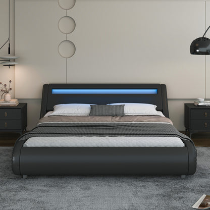 Wave-Like Curve PU Leather Platform Bed Frame with Adjustable Headboard and LED Lights