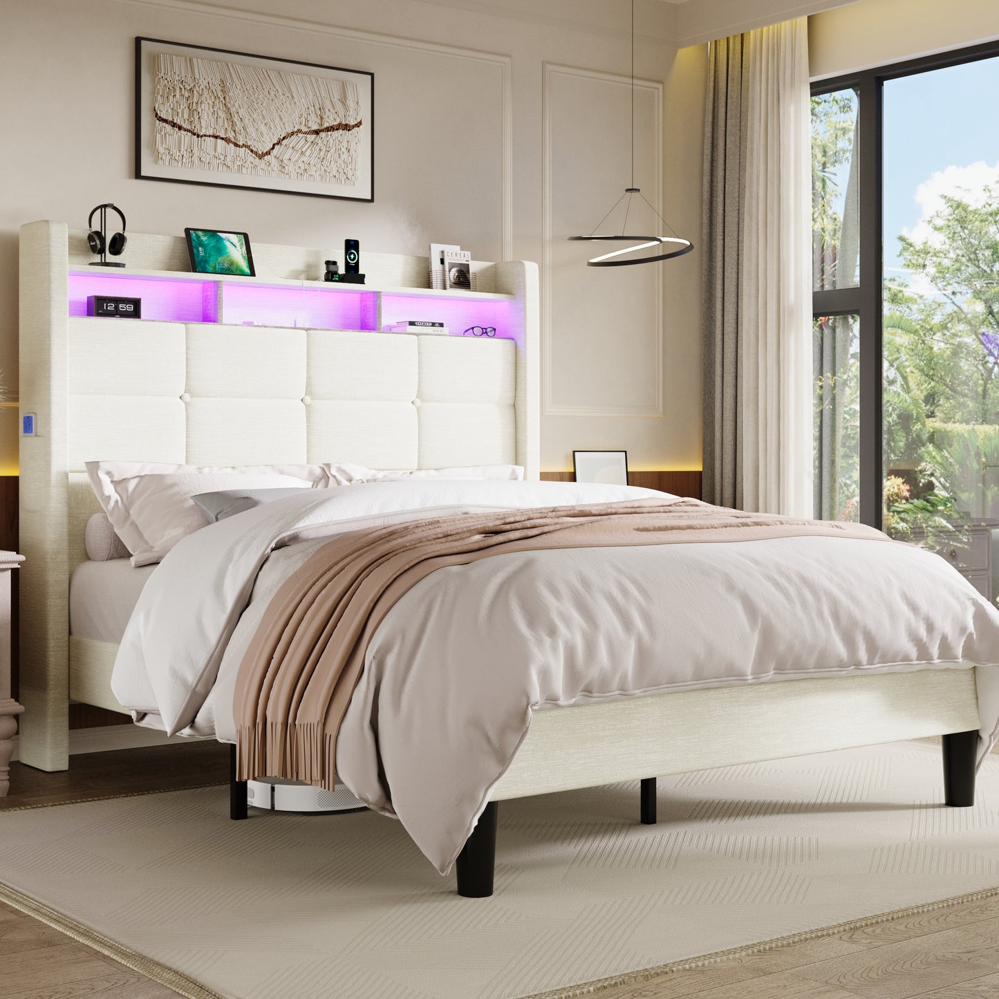 Sha Cerlin LED Full Bed Frame with 51.2" Tall Headboard,Soft Velvet,Black | 2-Tier Storage Shelf with Charging Station,Upholstered Platform Bed with Wingback Headboard,Noise-Free,No Box Spring Needed