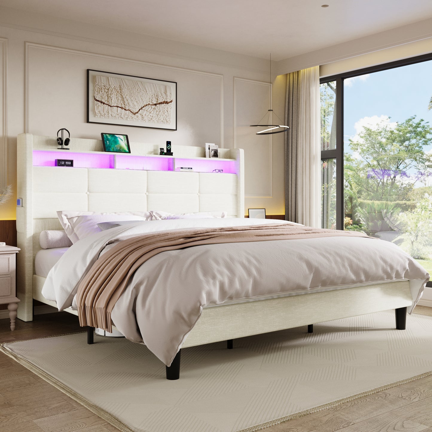 Sha Cerlin LED Full Bed Frame with 51.2" Tall Headboard,Soft Velvet,Black | 2-Tier Storage Shelf with Charging Station,Upholstered Platform Bed with Wingback Headboard,Noise-Free,No Box Spring Needed
