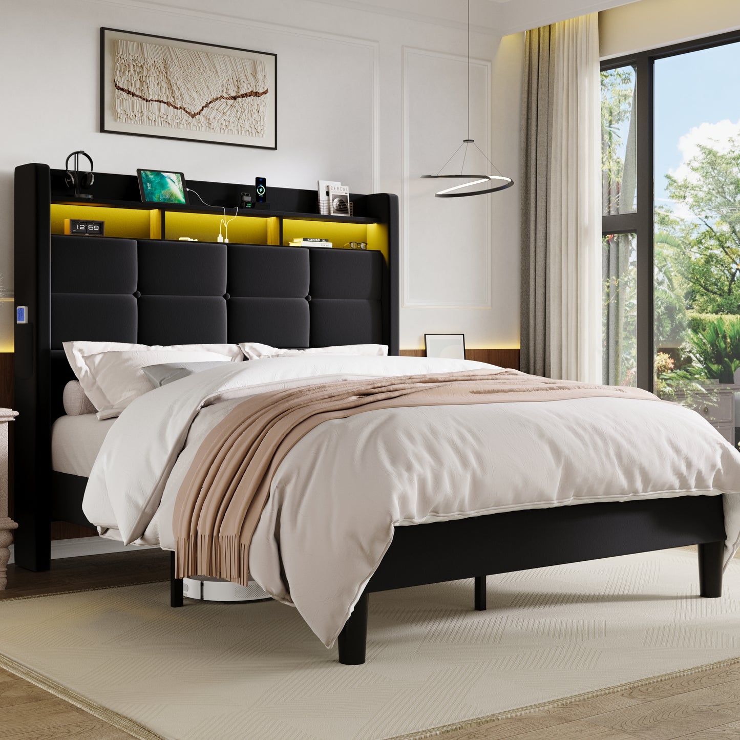 Sha Cerlin LED Full Bed Frame with 51.2" Tall Headboard,Soft Velvet,Black | 2-Tier Storage Shelf with Charging Station,Upholstered Platform Bed with Wingback Headboard,Noise-Free,No Box Spring Needed