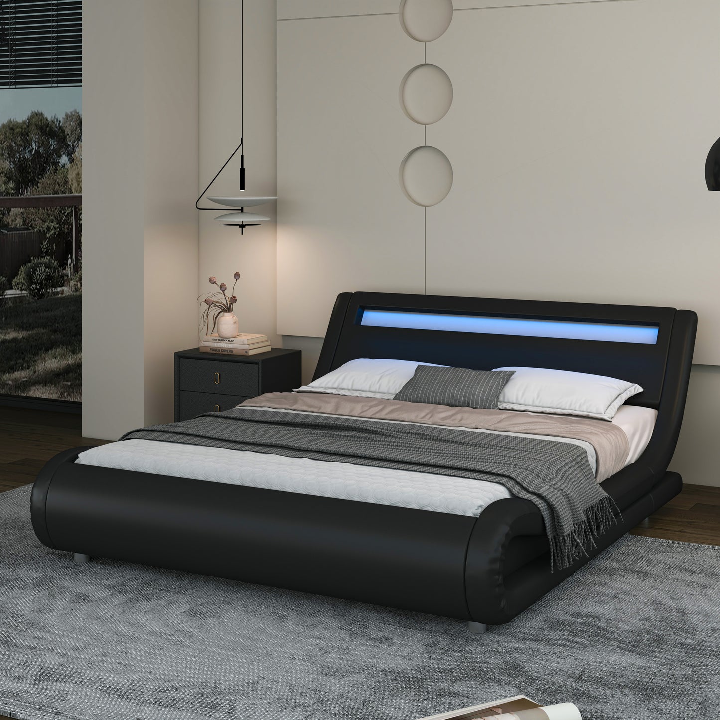 Wave-Like Curve PU Leather Platform Bed Frame with Adjustable Headboard and LED Lights