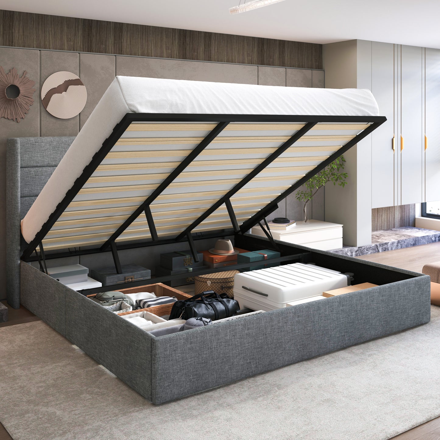 Upholstered Stoage Bed Frame with Lift Up Storage, Wingback Headboard Design