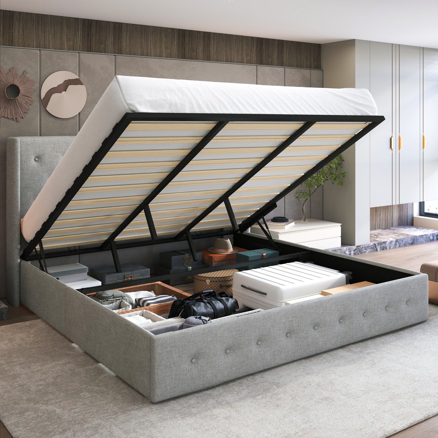 Upholstered Stoage Bed Frame with Lift Up Storage, Wingback Headboard Design