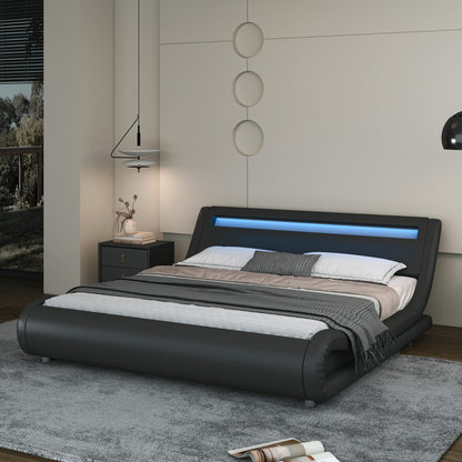 Wave-Like Curve PU Leather Platform Bed Frame with Adjustable Headboard and LED Lights