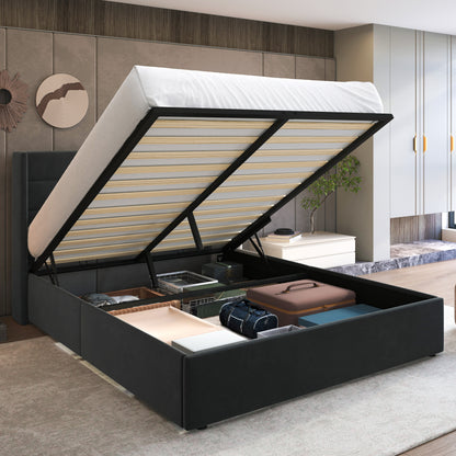 Upholstered Stoage Bed Frame with Lift Up Storage, Wingback Headboard Design