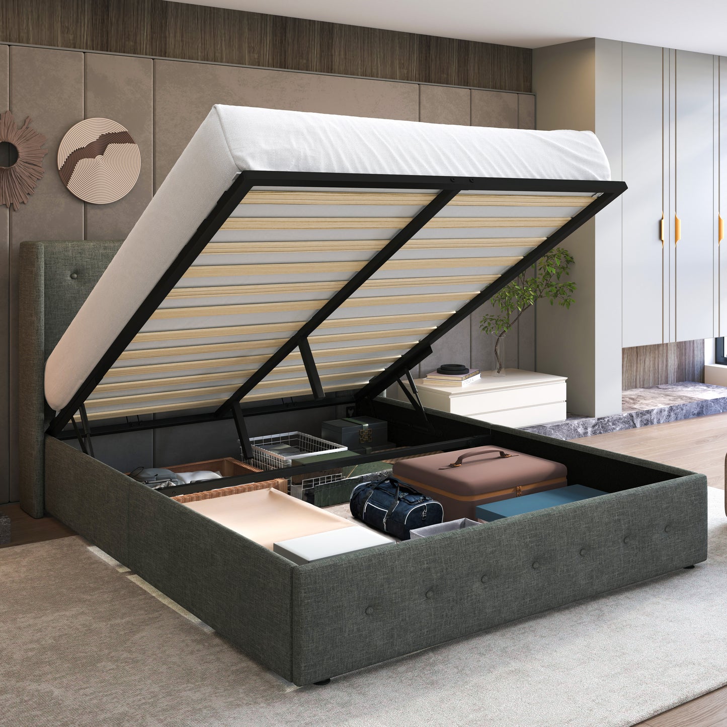 Upholstered Stoage Bed Frame with Lift Up Storage, Wingback Headboard Design