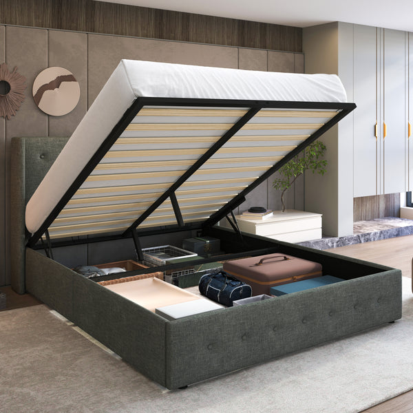 Upholstered Stoage Bed Frame with Lift Up Storage, Wingback Headboard Design
