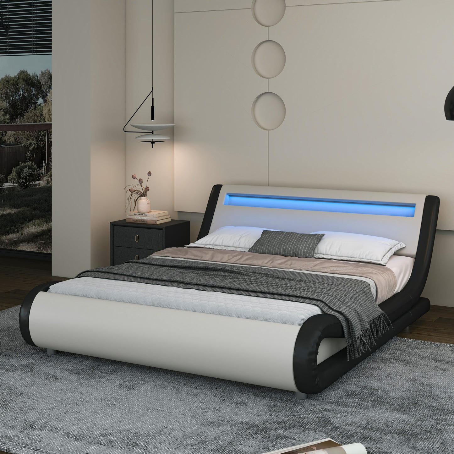 Wave-Like Curve PU Leather Platform Bed Frame with Adjustable Headboard and LED Lights