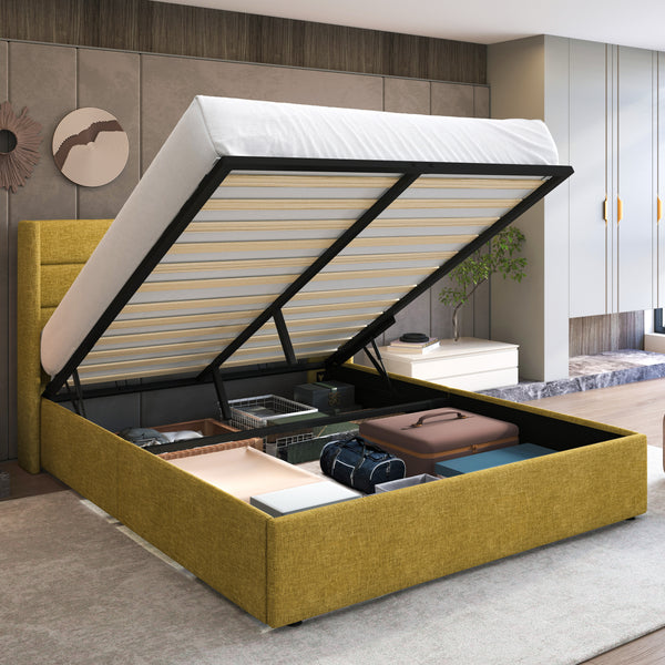 Upholstered Stoage Bed Frame with Lift Up Storage, Wingback Headboard Design