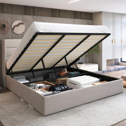 Upholstered Stoage Bed Frame with Lift Up Storage, Wingback Headboard Design