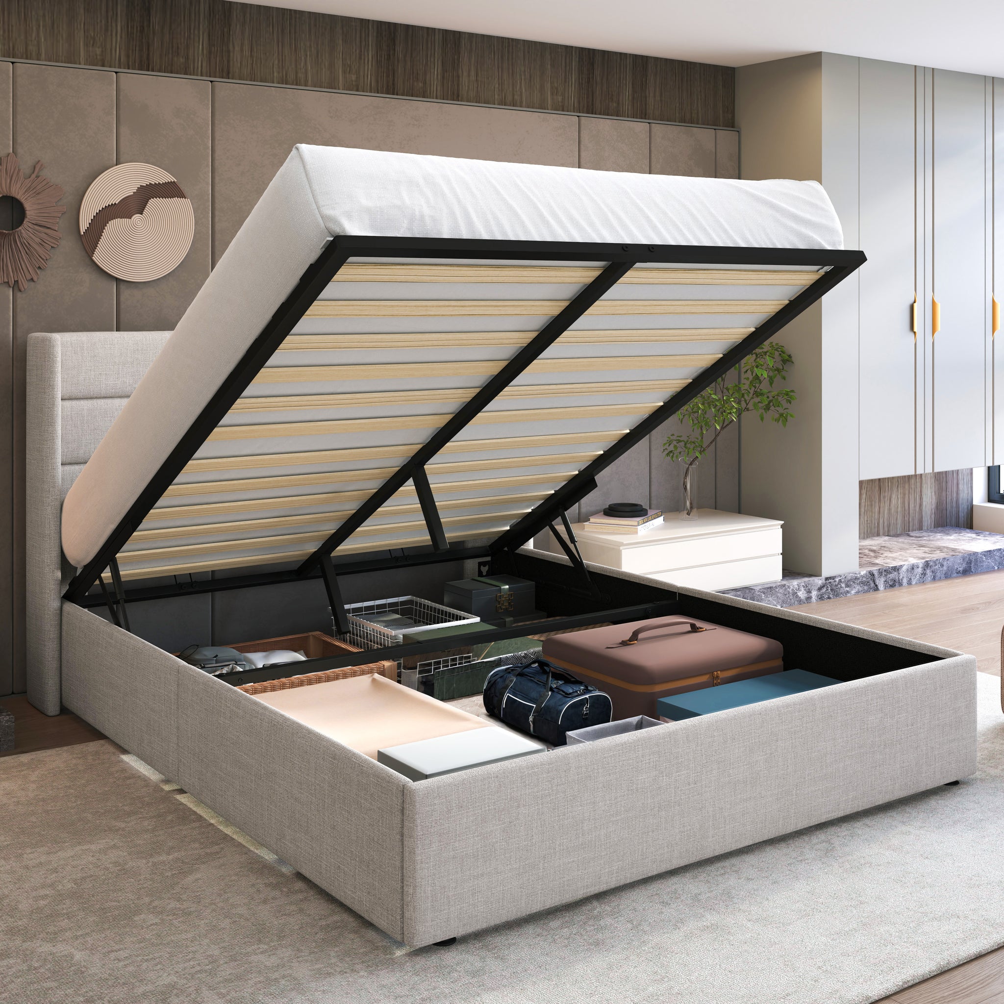 Upholstered Stoage Bed Frame with Lift Up Storage, Wingback Headboard Design
