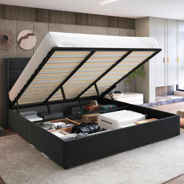 Upholstered Stoage Bed Frame with Lift Up Storage, Wingback Headboard Design