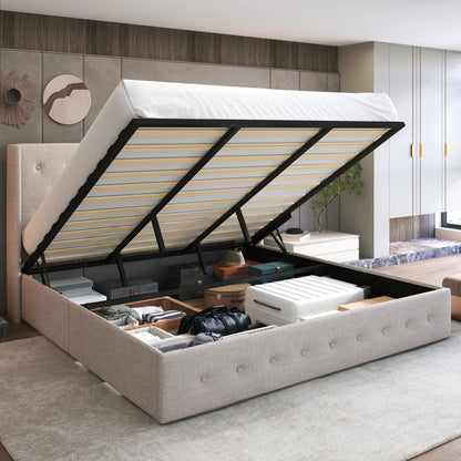 Upholstered Stoage Bed Frame with Lift Up Storage, Wingback Headboard Design