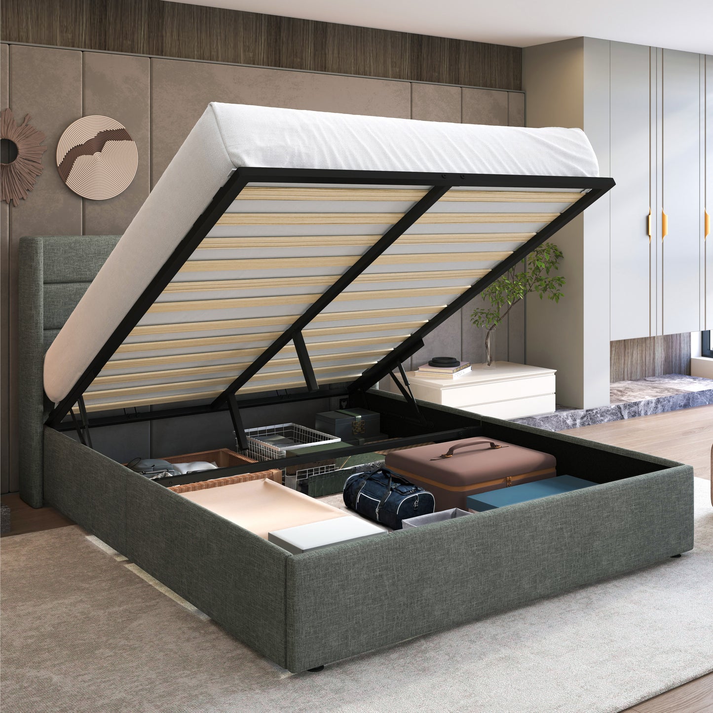 Upholstered Stoage Bed Frame with Lift Up Storage, Wingback Headboard Design