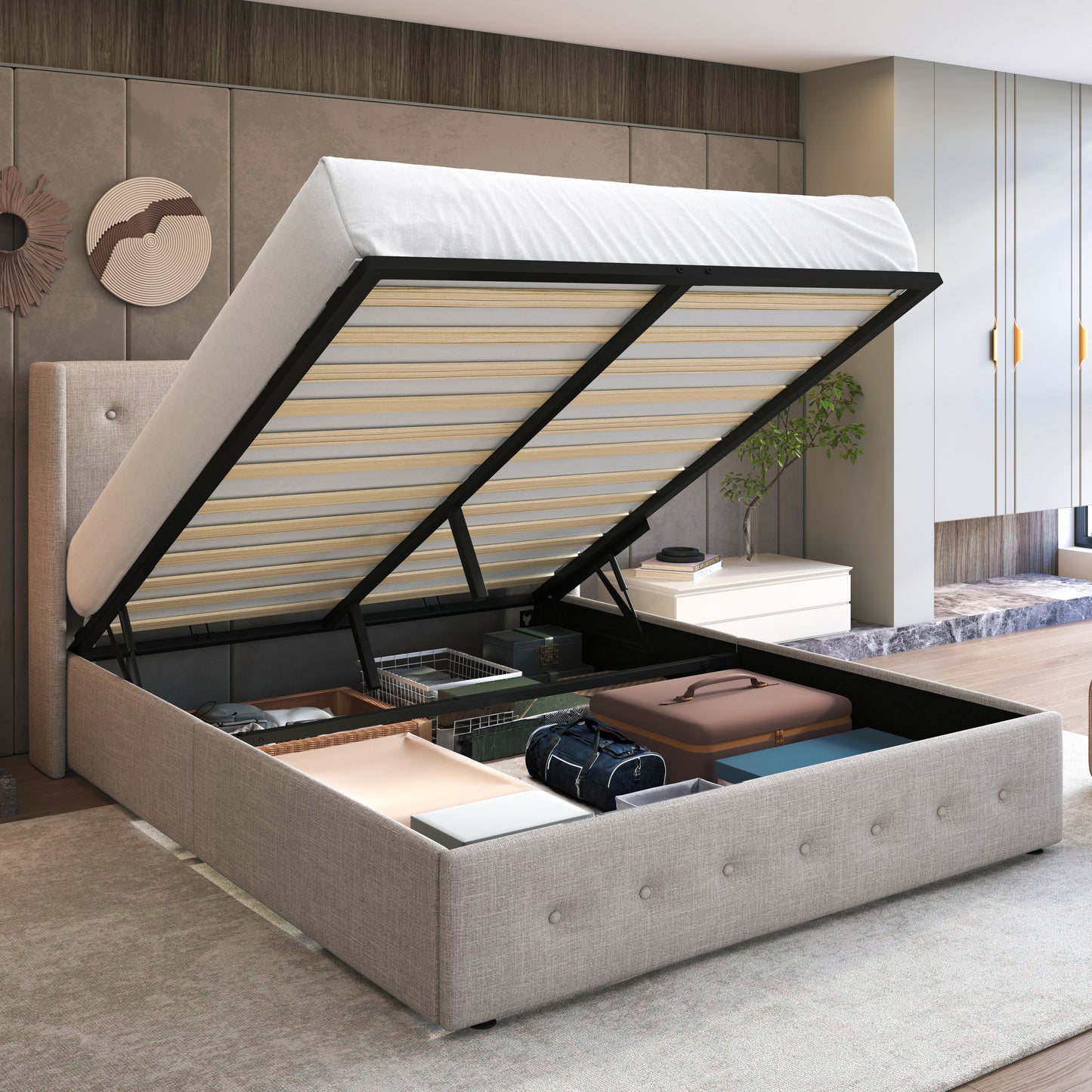 Upholstered Stoage Bed Frame with Lift Up Storage, Wingback Headboard Design