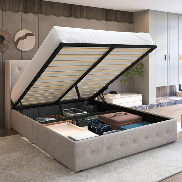 Upholstered Stoage Bed Frame with Lift Up Storage, Wingback Headboard Design