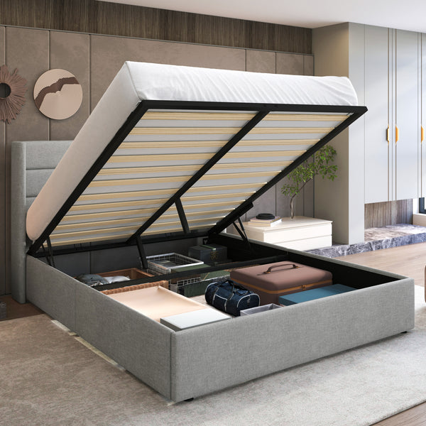 Upholstered Stoage Bed Frame with Lift Up Storage, Wingback Headboard Design