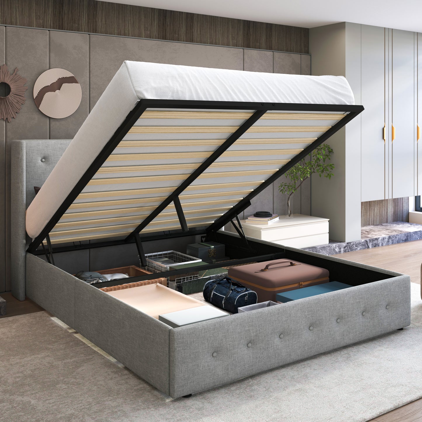 Upholstered Stoage Bed Frame with Lift Up Storage, Wingback Headboard Design