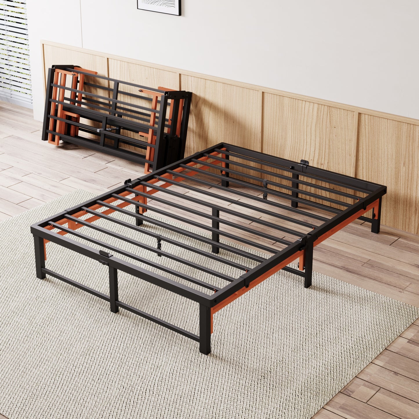 SHA CERLIN Quad-Fold Bed Frame, Tool-Free, 13" Under-Bed Space, Space-Saving, Heavy-Duty, No Box Spring Needed, Black