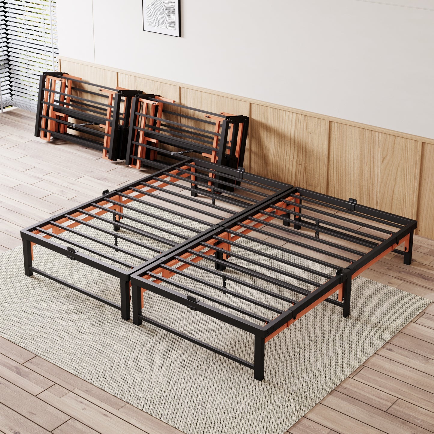 SHA CERLIN Quad-Fold Bed Frame, Tool-Free, 13" Under-Bed Space, Space-Saving, Heavy-Duty, No Box Spring Needed, Black