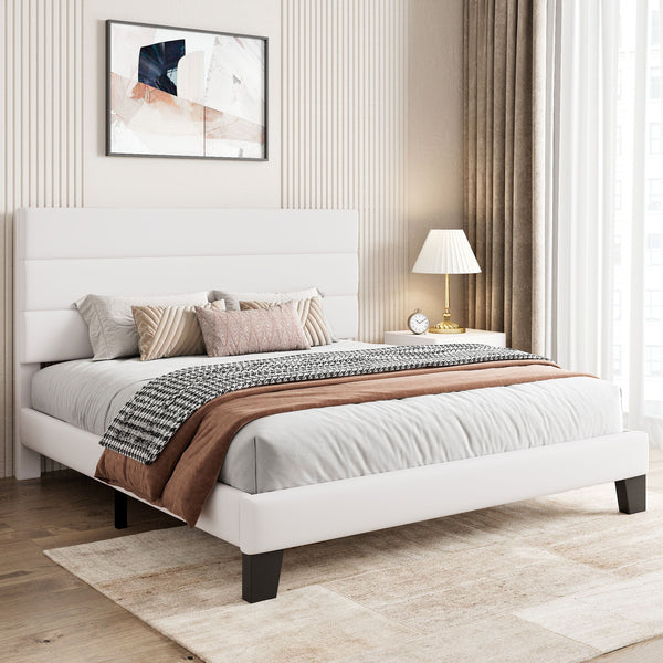 Upholstered Platform Bed Frame with Headboard and Wooden Slats