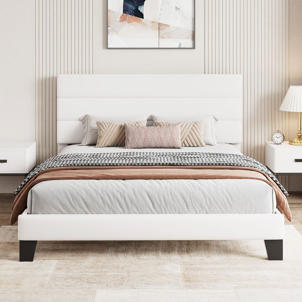 Upholstered Platform Bed Frame with Headboard and Wooden Slats