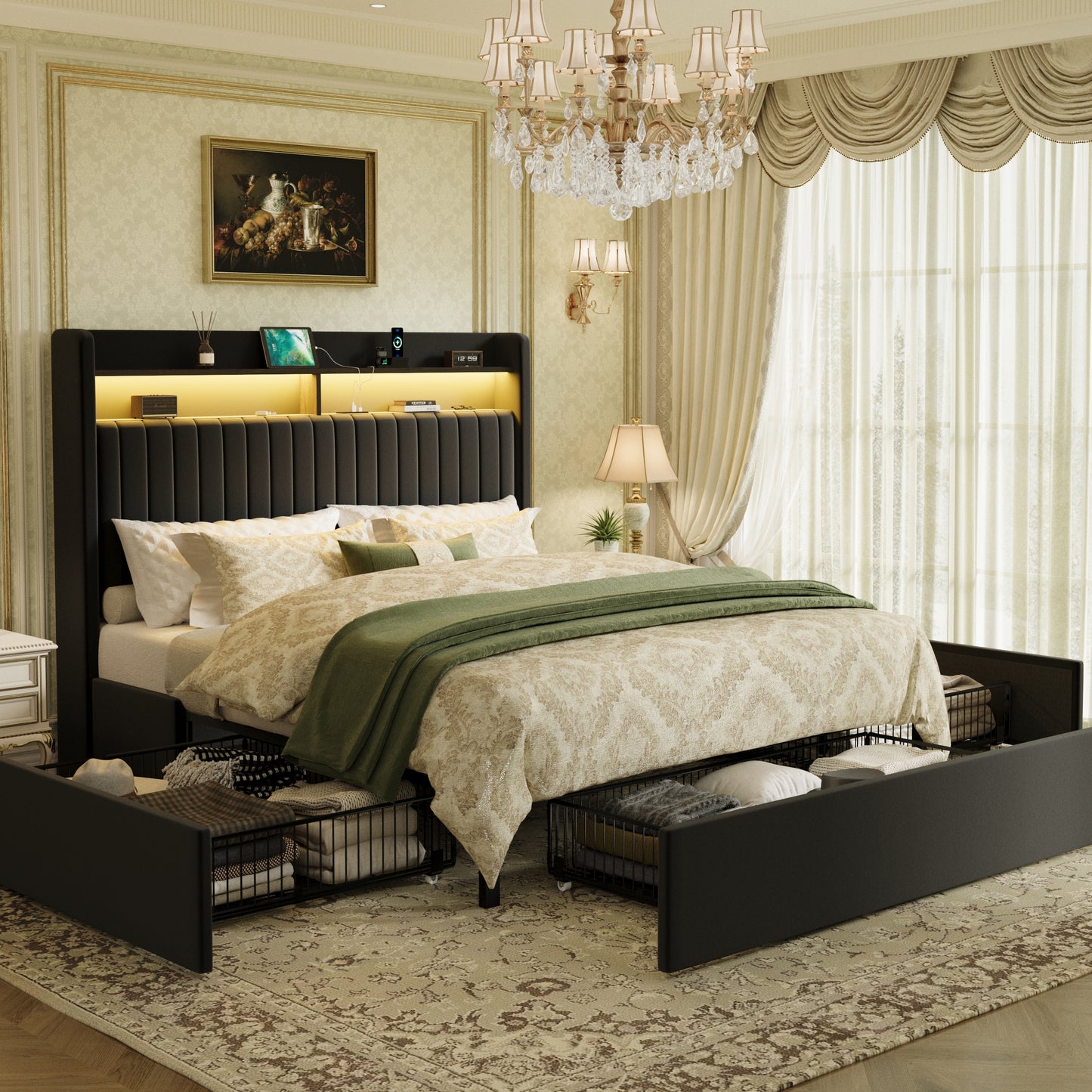 Sha Cerlin Upholstered Platform Bed Frame with 3 Spacious Storage Drawers, Built-in LED Lights & Charging Station, Vertical Tufted Headboard with Shelf, No Box Spring Needed