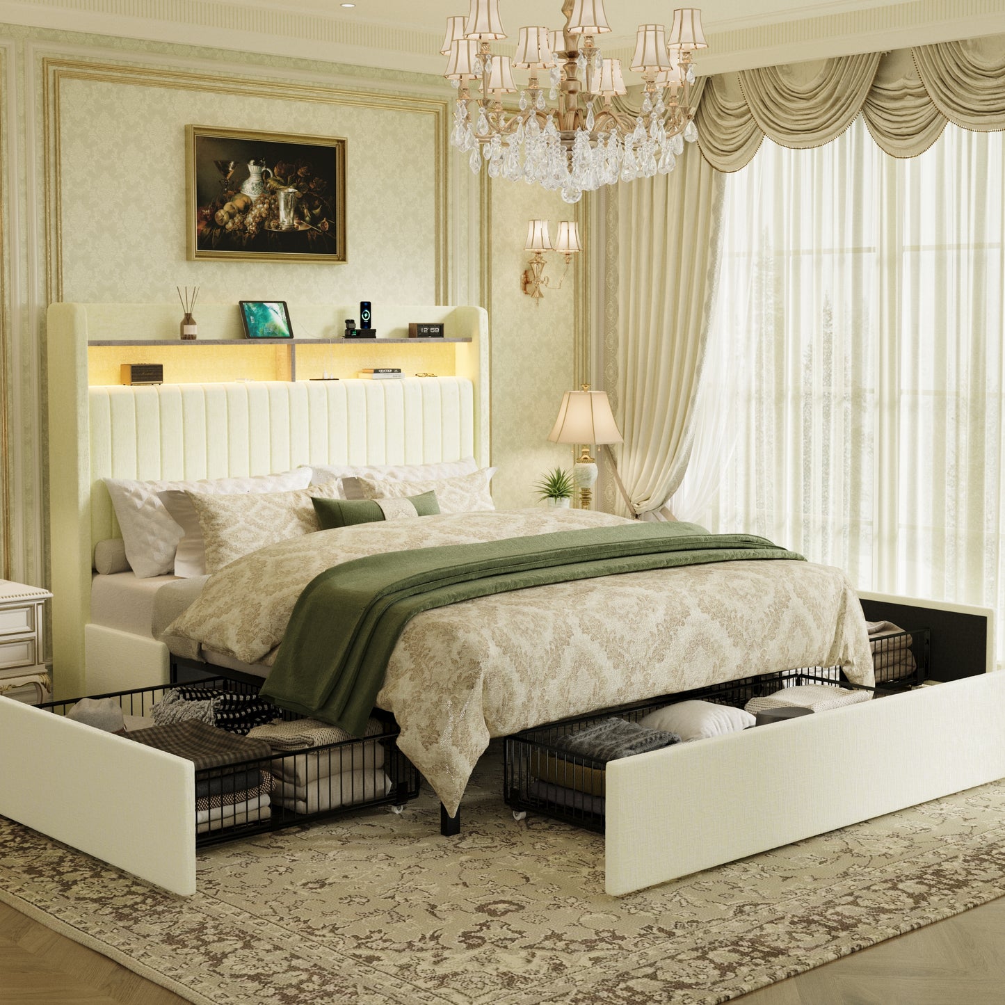 Sha Cerlin Upholstered Platform Bed Frame with 3 Spacious Storage Drawers, Built-in LED Lights & Charging Station, Vertical Tufted Headboard with Shelf, No Box Spring Needed