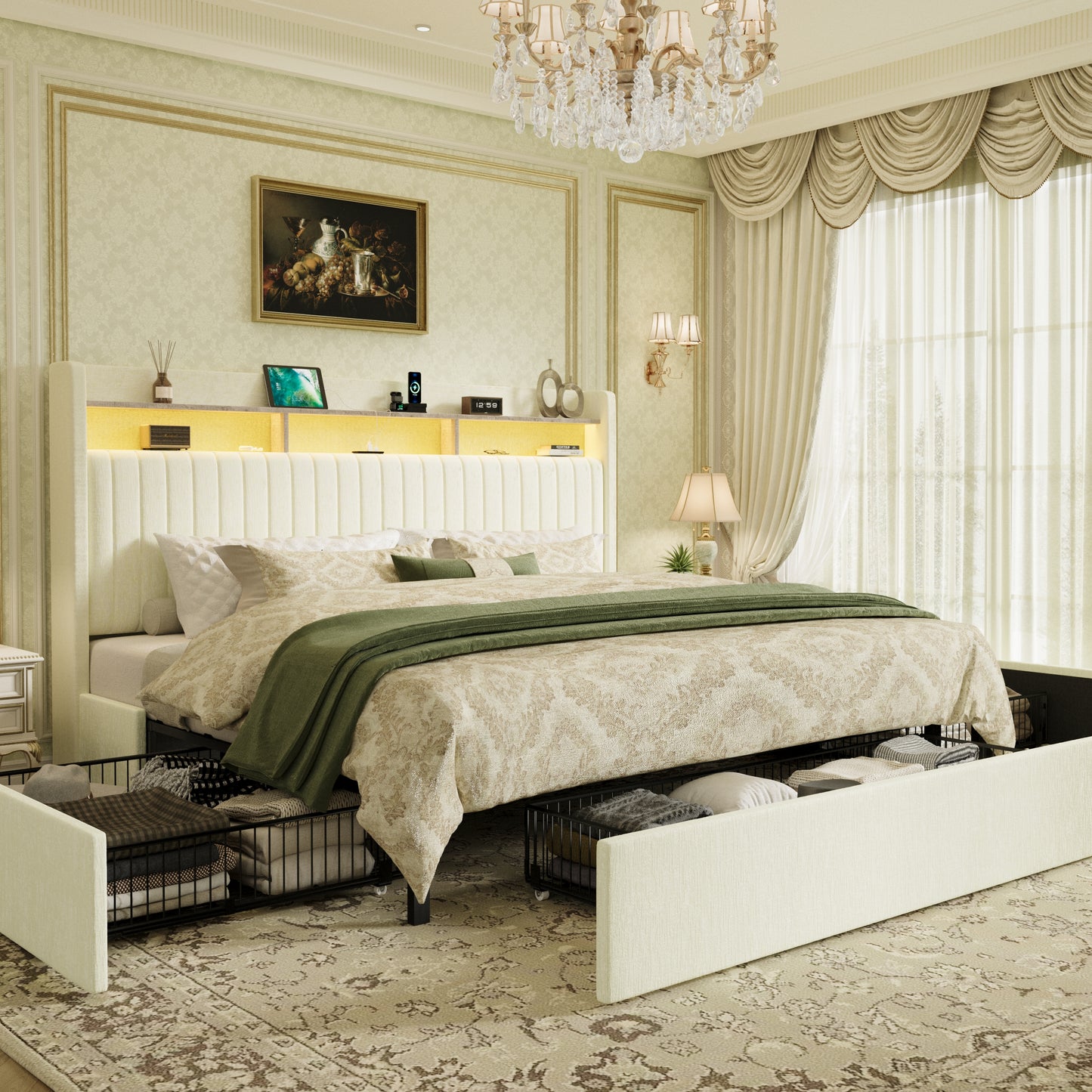 Sha Cerlin Upholstered Platform Bed Frame with 3 Spacious Storage Drawers, Built-in LED Lights & Charging Station, Vertical Tufted Headboard with Shelf, No Box Spring Needed