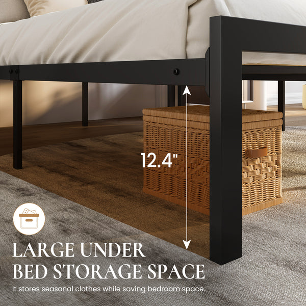 Metal Bed with Headboard, Strong Steel Slats Support