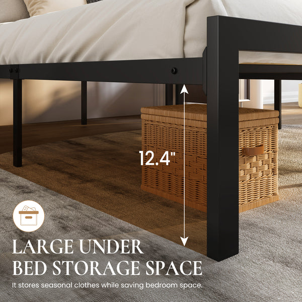 Metal Bed with Headboard, Strong Steel Slats Support